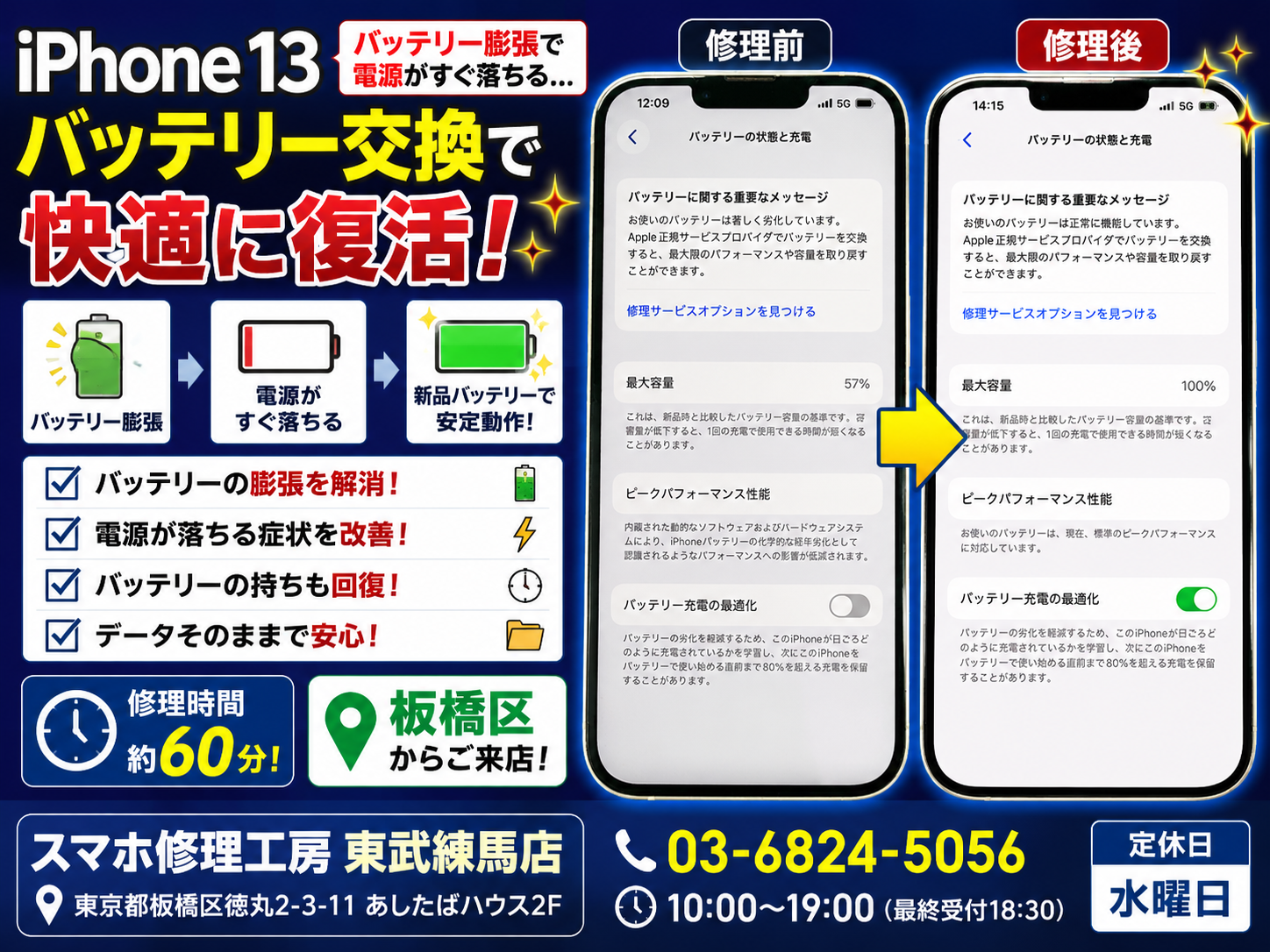 📱【iPhone 13】バッテリー膨張で電源がすぐ落ちる…⚠️ バッテリー交換で快適復活！🔋✨｜板橋区よりご来店
